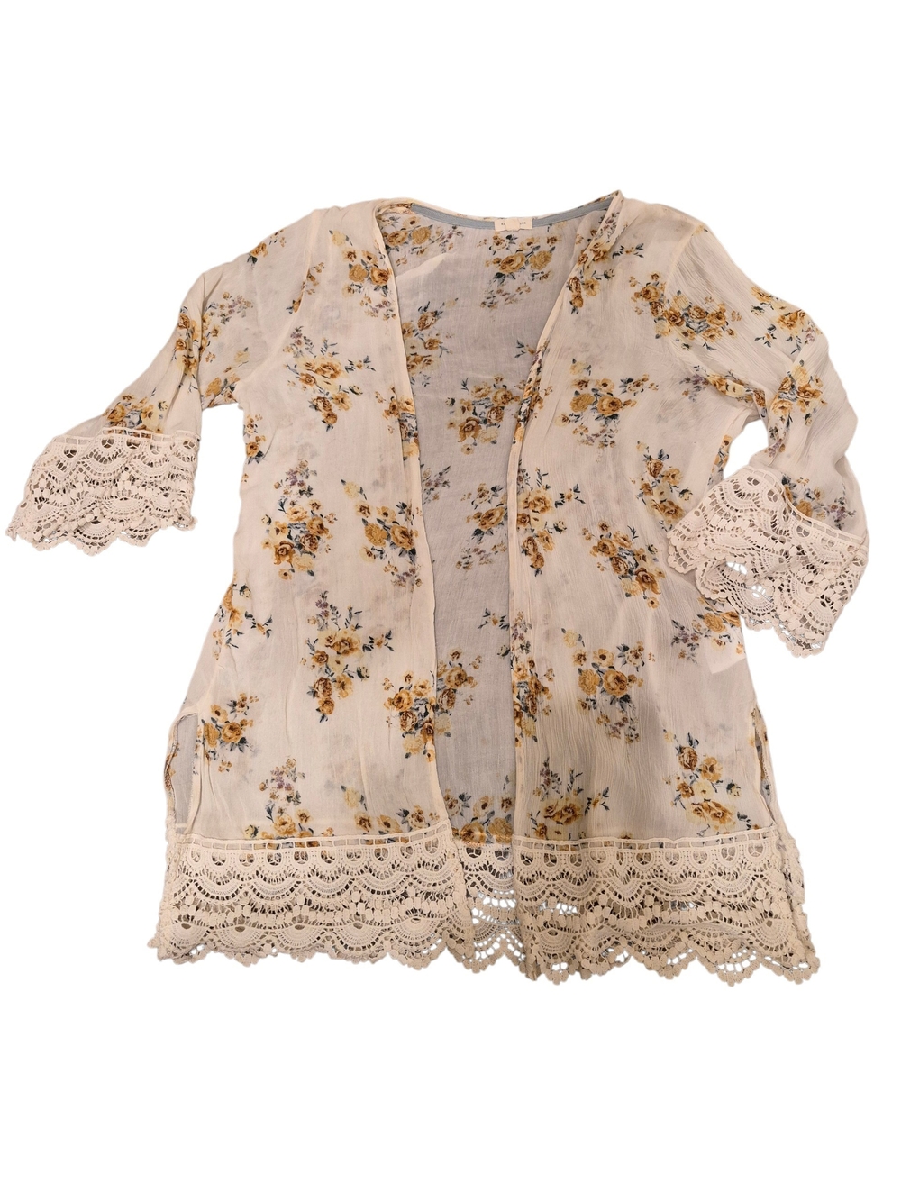 Sheer Floral Lace-Trim Kimono Robe - Cream with Yellow Floral